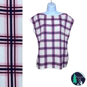 Tommy Hilfiger Blouse Womens Medium Plaid Pink Navy Blue White Cap Sleeves EUC